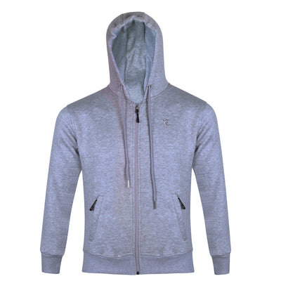 The front view of a grey hoodie, which features a small embroidered logo on the left of the chest. The hood has two long toggles for adjusting the hood when wearing. The hoodie also features a zip up the front and on the two individual pockets featured on the front of the garment. The zips have black grips which hang from a short string.